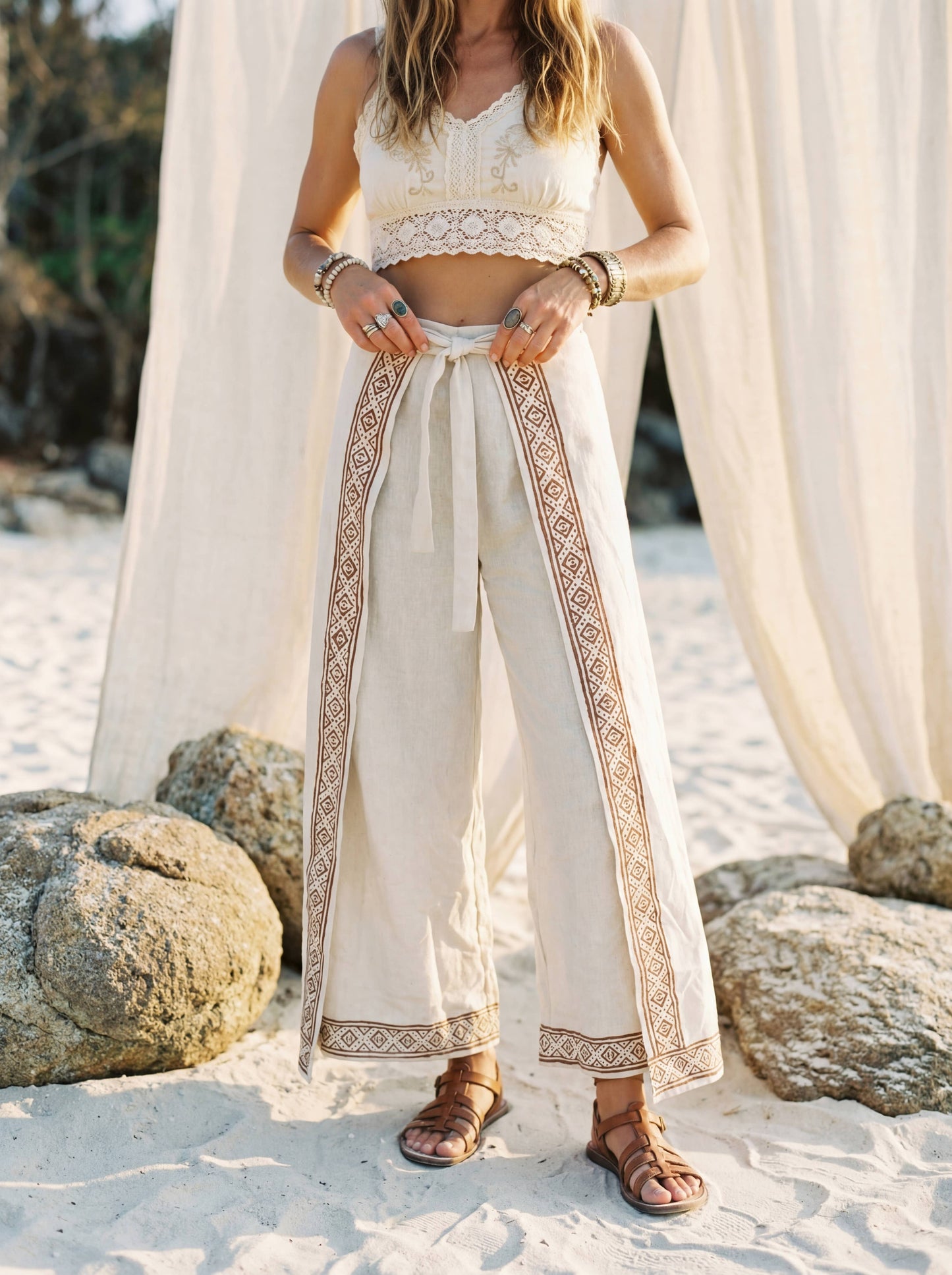 Block Print Wrap Pants | Raw Cotton Boho Trousers, Smocked