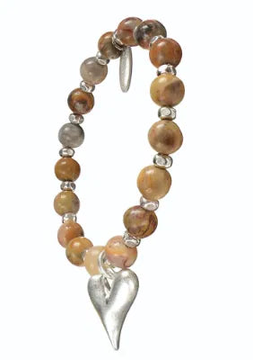 Heart Drop on Stone Beads - Worn Silver/Crazy Agate