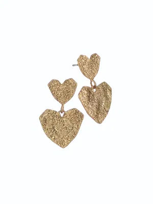 Double Heart Drop Earrings - Worn Gold