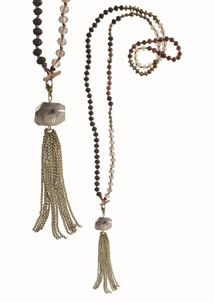 Chain Tassel W/Stone Clip & Facetted Beads - Coal