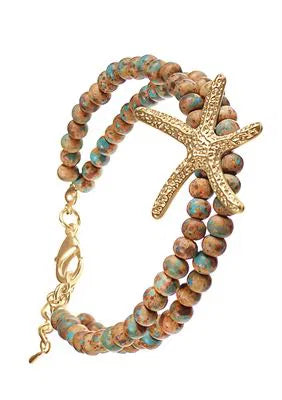 Starfish Motif Weathered Bead bracelet - Turq/M.Gold