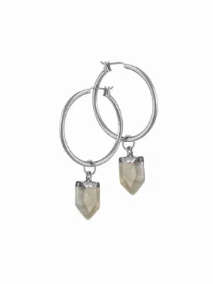 Stone Drop on Hoop Earrings - Stone/Worn Silver