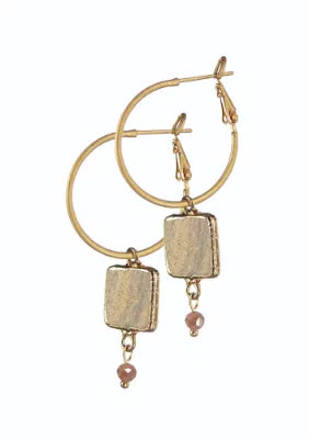 Stone Square Captured on Hoop Earrings - Gold/King Jasper
