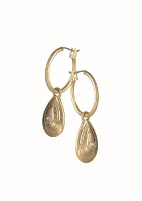 Tear Drop with Crystal Captured on Hoop Earrings - Worn Gold