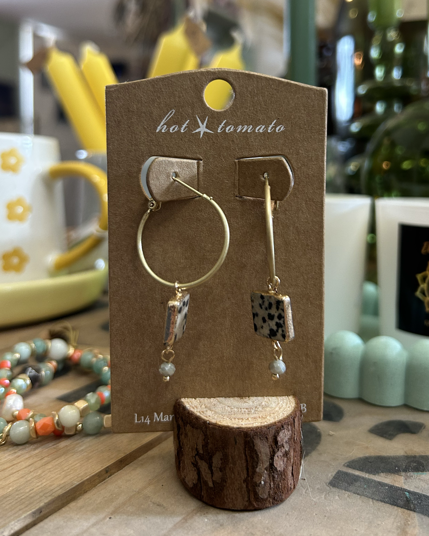 Stone Square Captured on Hoop Earrings - Gold/Dalmation