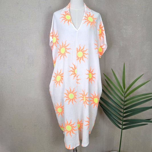 Waffle cotton fabric sun rays print free size dress with V-neck collar and pockets (M-L)