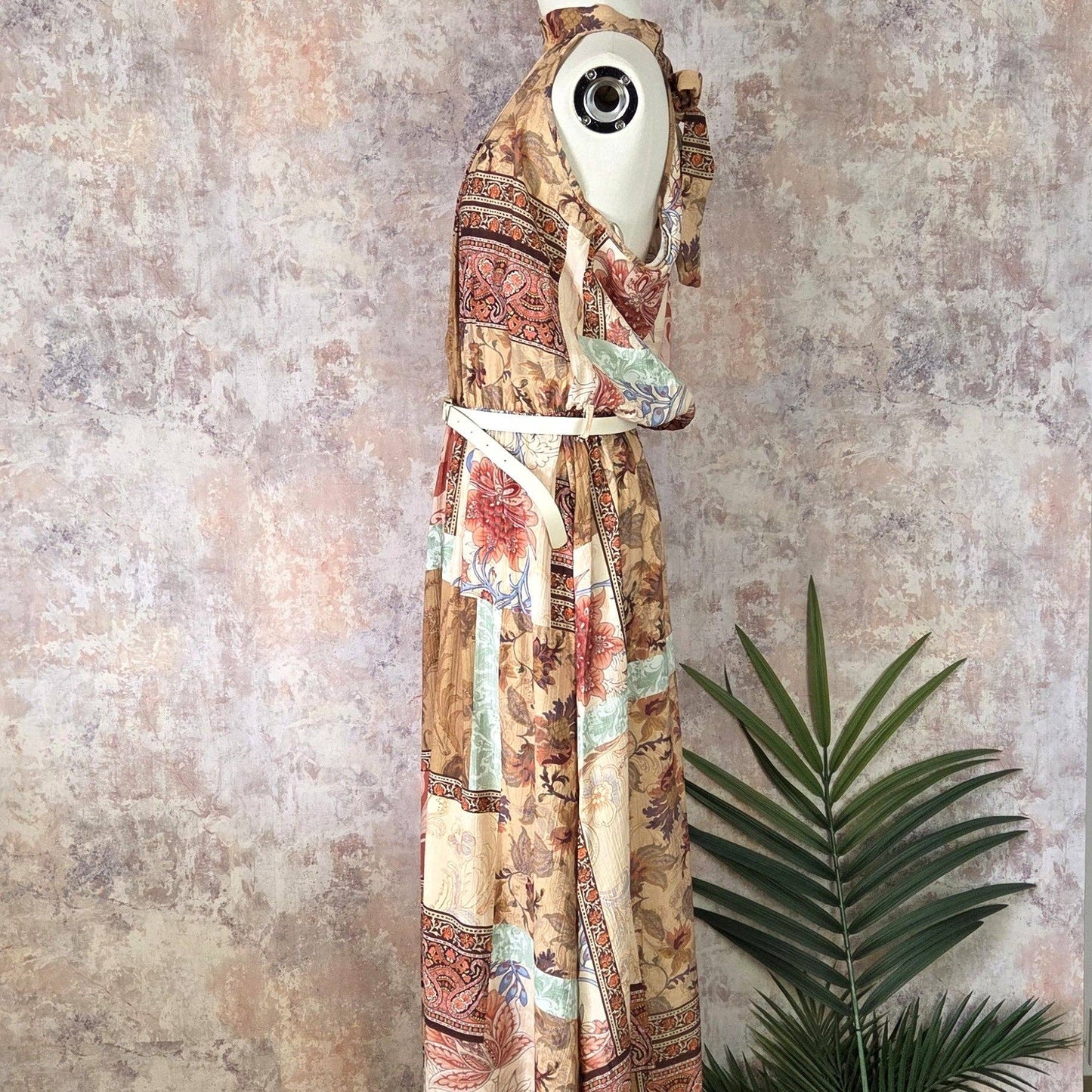 Paisley and flower print halter neck dress with cream belt and gold buckle (M)