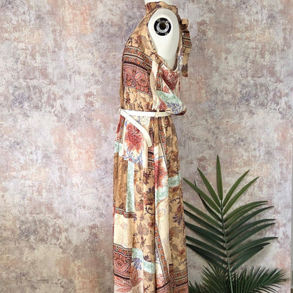 Paisley and flower print halter neck dress with cream belt and gold buckle (M)