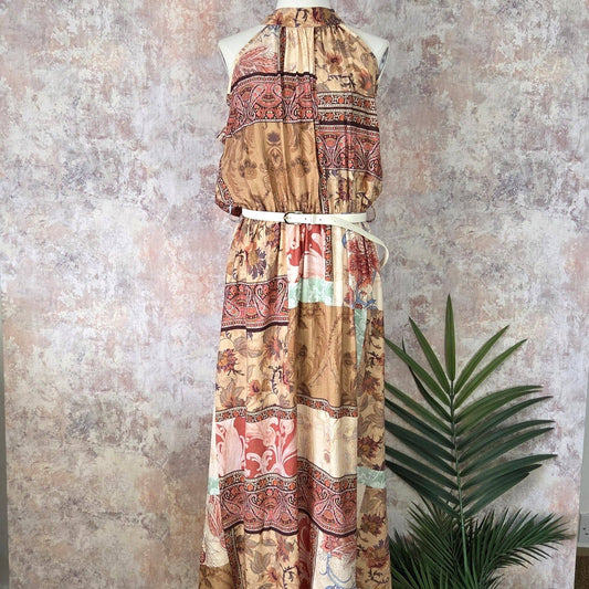 Paisley and flower print halter neck dress with cream belt and gold buckle (M)