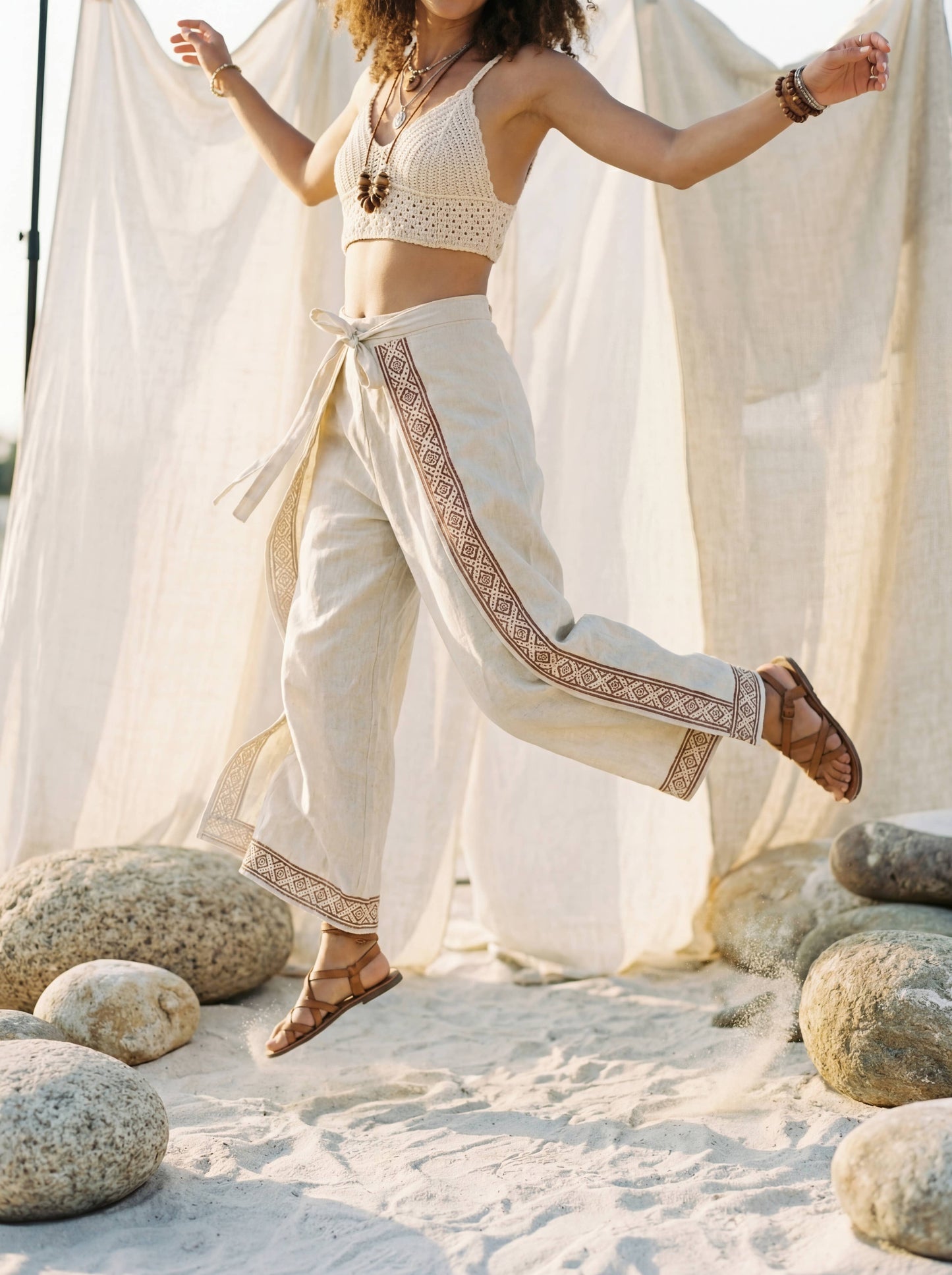 Block Print Wrap Pants | Raw Cotton Boho Trousers, Smocked