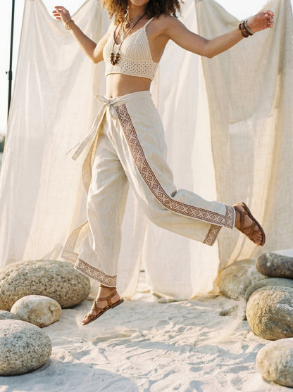 Block Print Wrap Pants | Raw Cotton Boho Trousers, Smocked