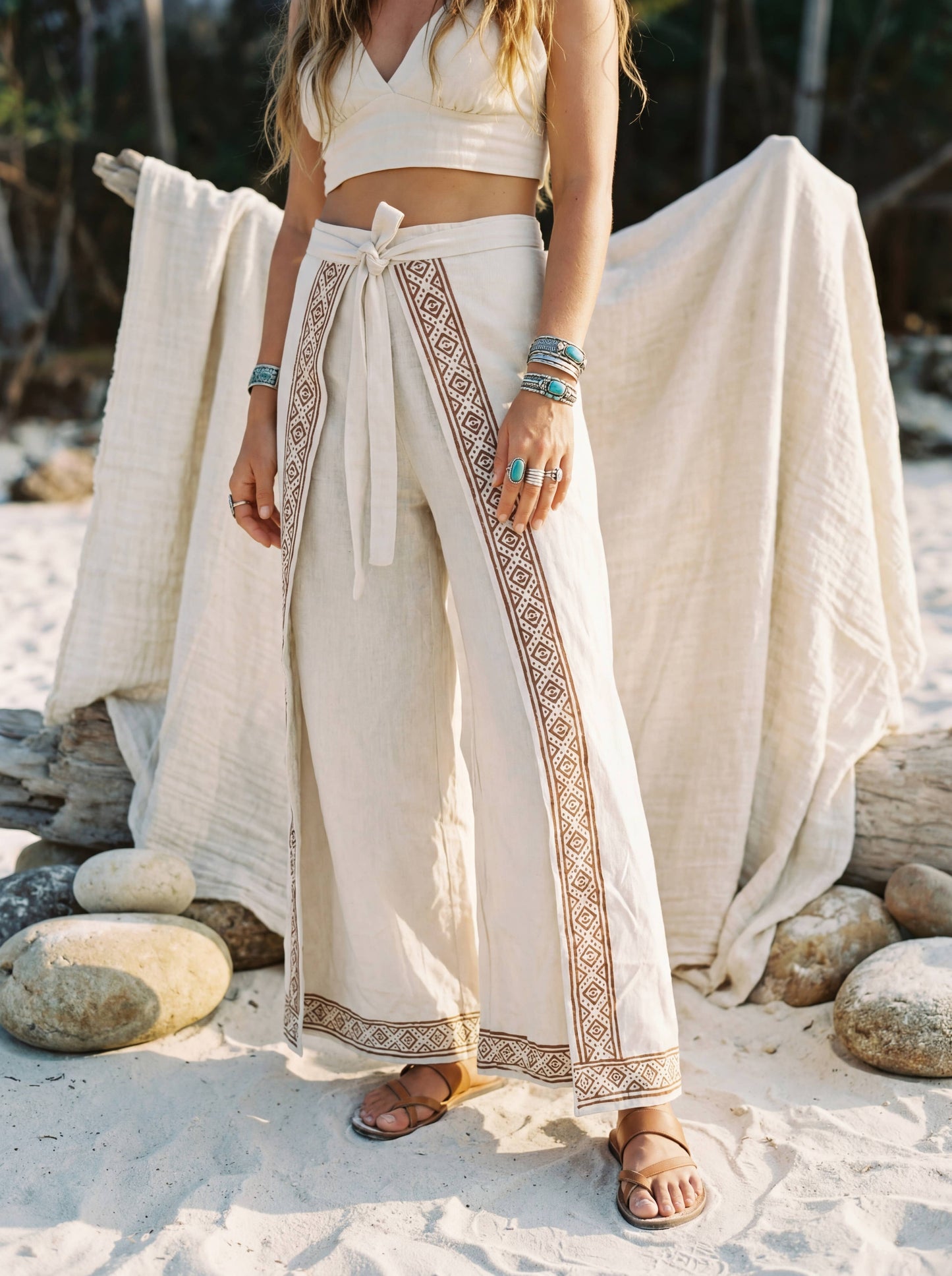 Block Print Wrap Pants | Raw Cotton Boho Trousers, Smocked