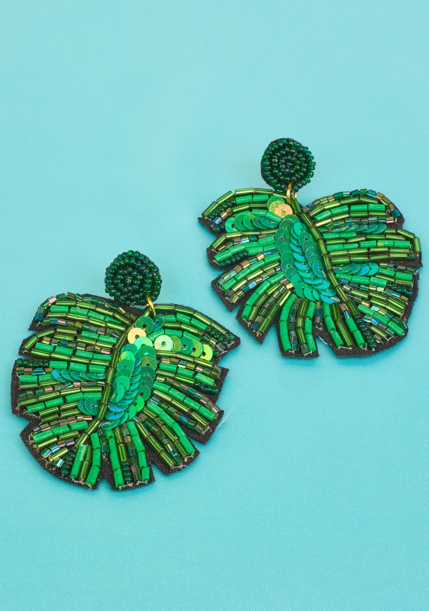 Monstera Leaf Hand Beaded Earrings