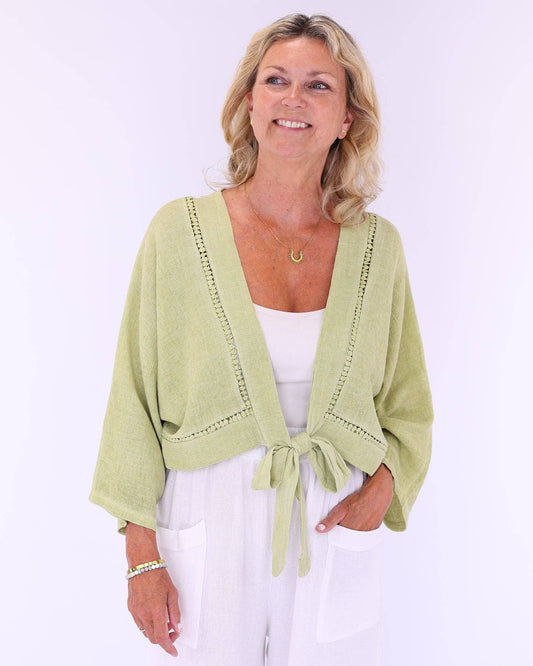 Linen and Cotton Blend Tie Front Jacket