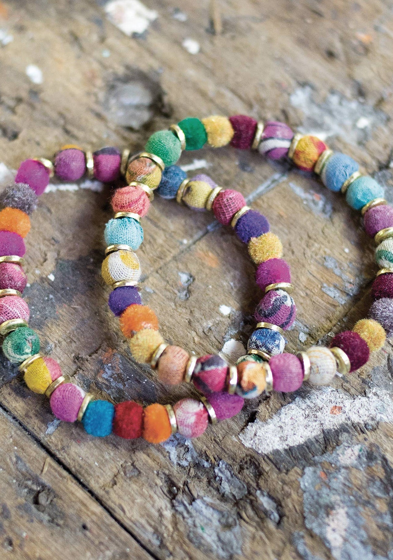 Recycled Fabric Bead Bracelet With Silver Spacers