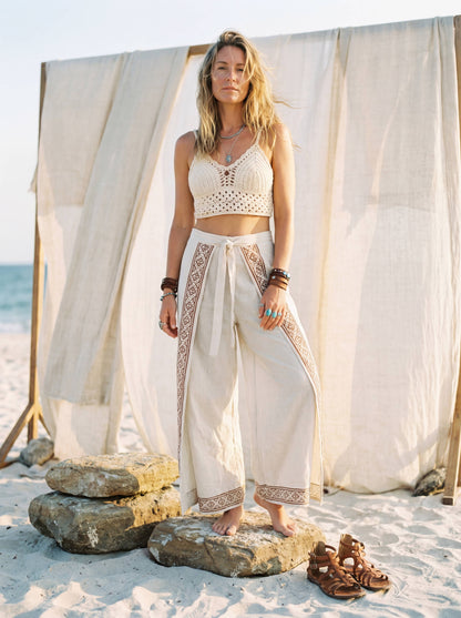 Block Print Wrap Pants | Raw Cotton Boho Trousers, Smocked