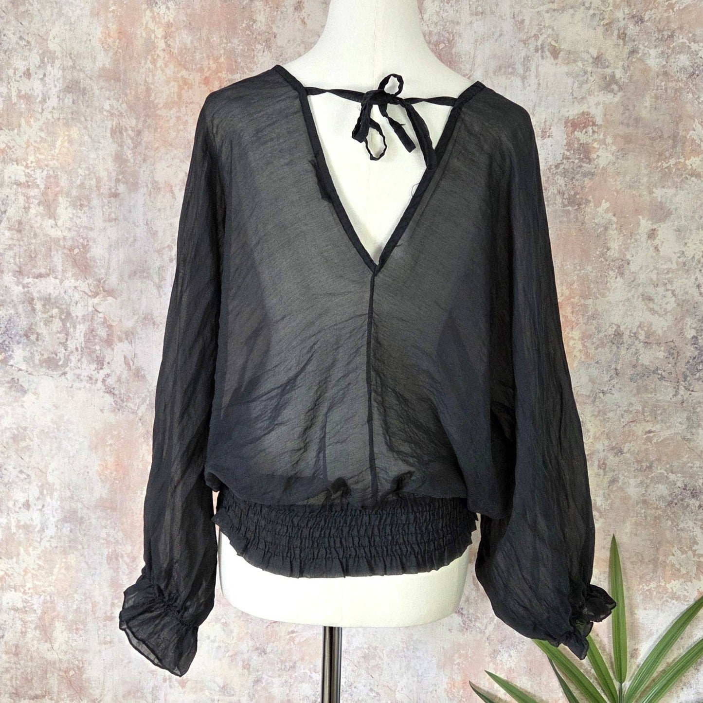Sheer cotton V-neck and back top with tie back and elasticated sleeves (M-L)