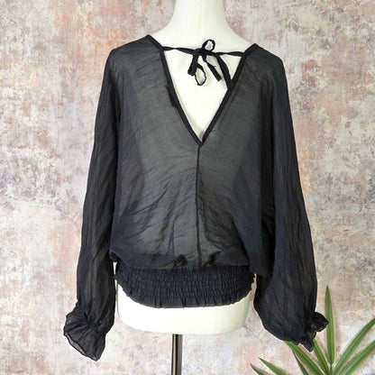 Sheer cotton V-neck and back top with tie back and elasticated sleeves (M-L)