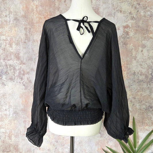 Sheer cotton V-neck and back top with tie back and elasticated sleeves (M-L)