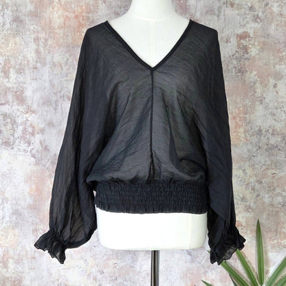 Sheer cotton V-neck and back top with tie back and elasticated sleeves (M-L)