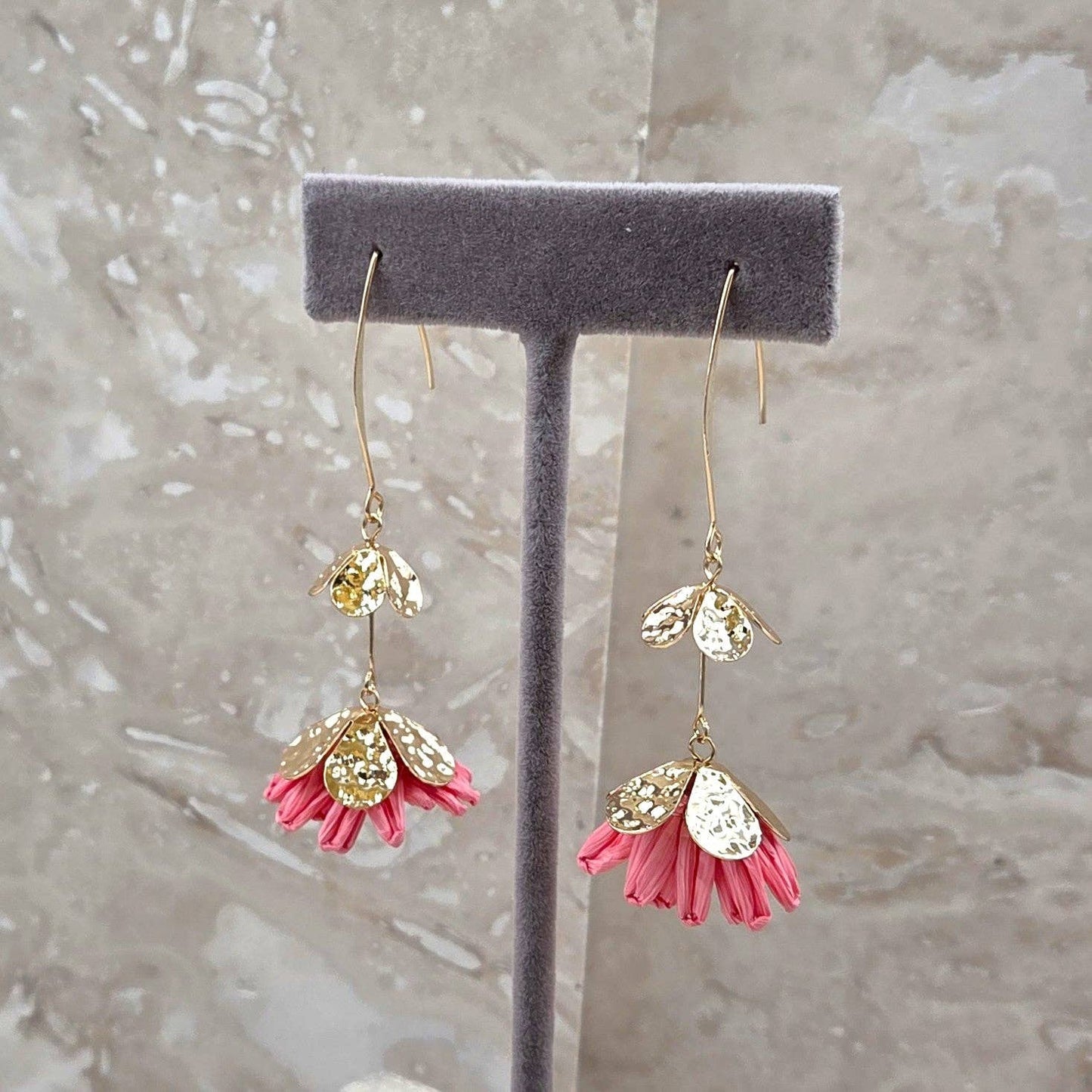 Light weight pretty flower earrings with little golden taffeta flower components