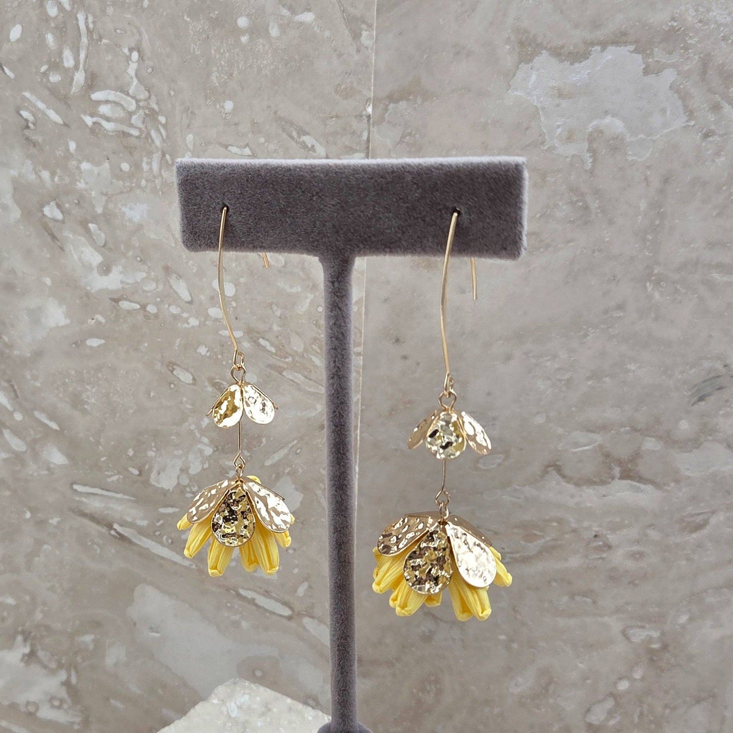 Light weight pretty flower earrings with little golden taffeta flower components