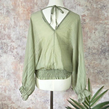 Sheer cotton V-neck and back top with tie back and elasticated sleeves (M-L)