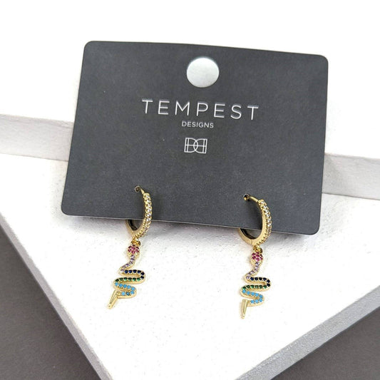 Coloured crystal snake motif on little hoop earrings
