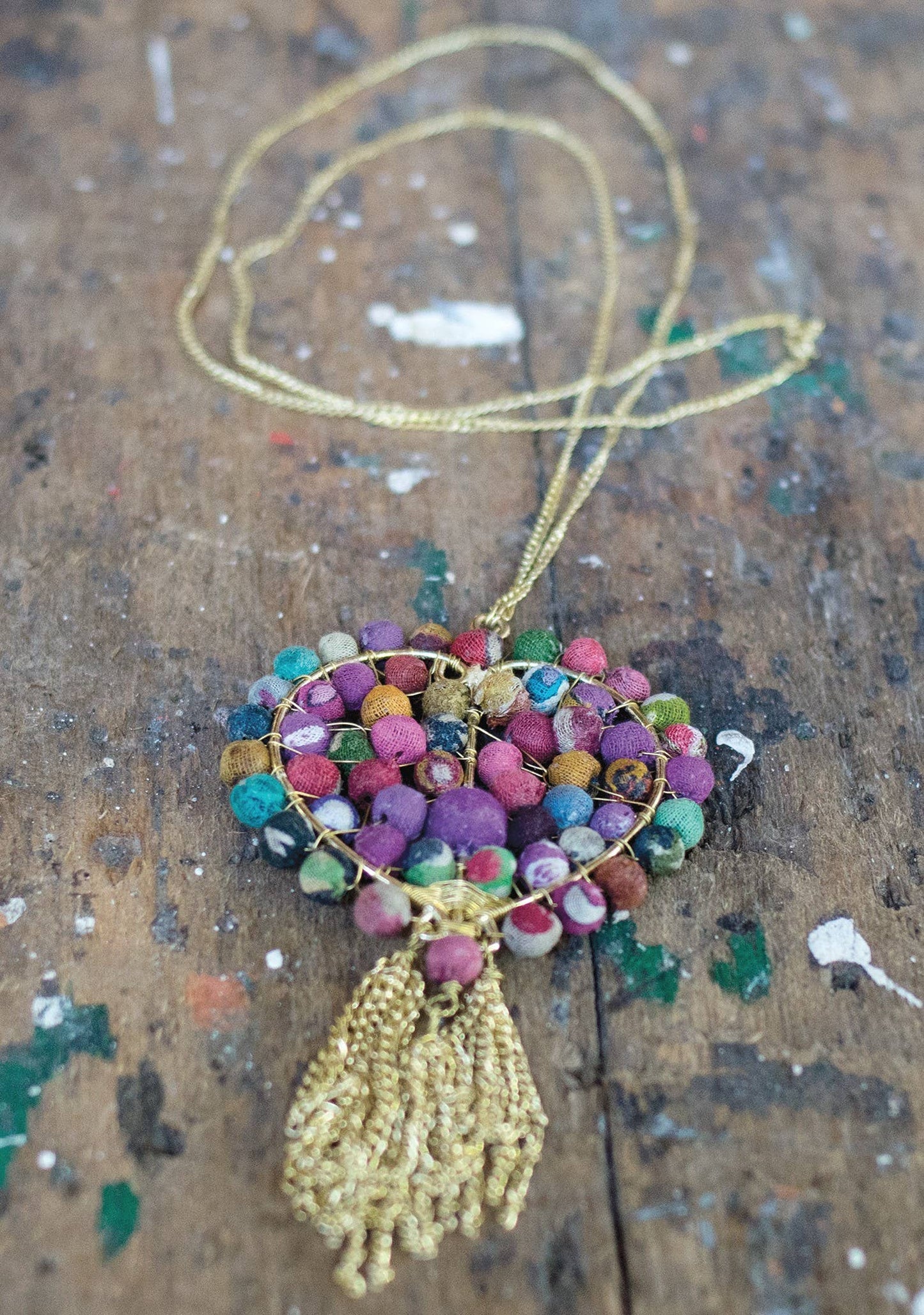 Heart Shape Necklace, Recycled Fabric Beads