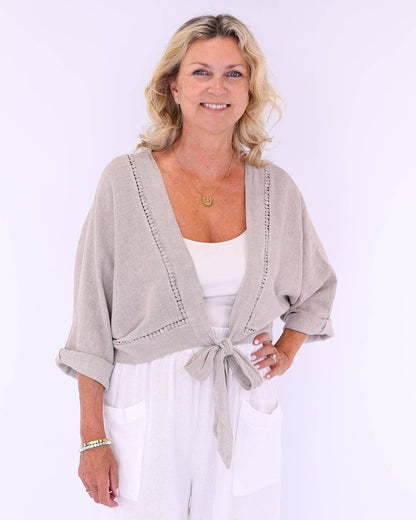 Linen and Cotton Blend Tie Front Jacket