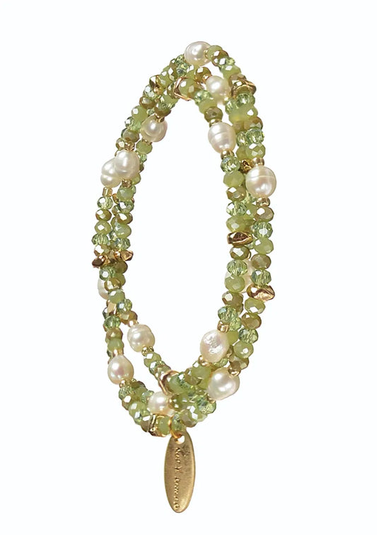 Wrap Bracelet/Necklace - Elasticated - Pearl / Sage