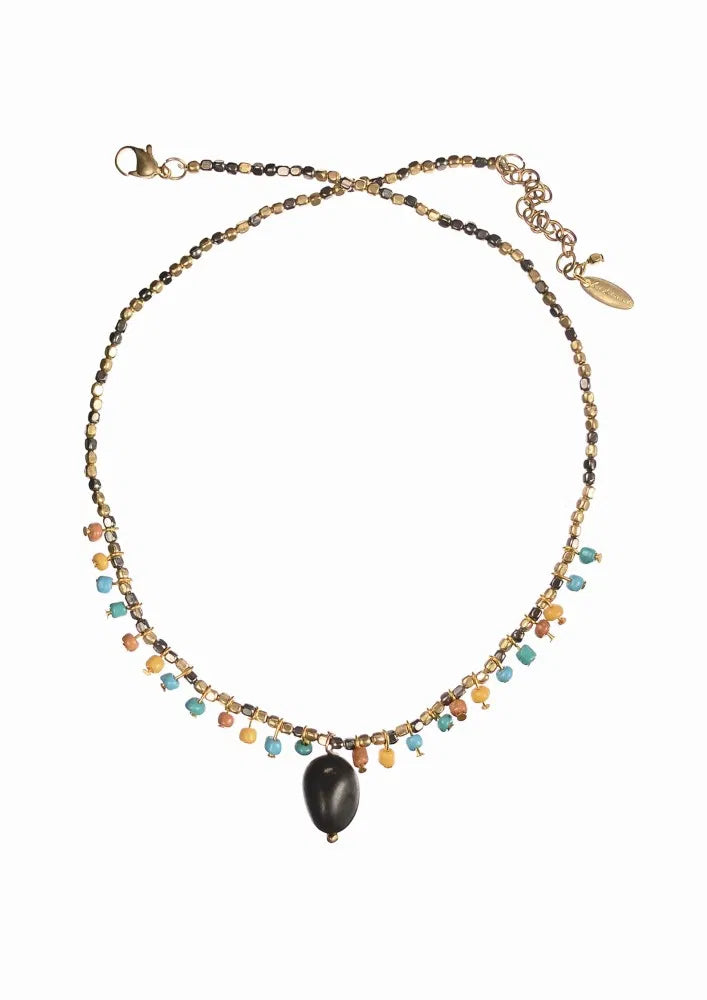 Seed Bead Trim necklace with Stone Drop - Mustard/Blue/Gold