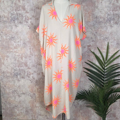 Waffle cotton fabric sun rays print free size dress with V-neck collar and pockets (M-L)