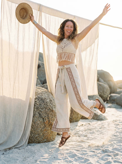 Block Print Wrap Pants | Raw Cotton Boho Trousers, Smocked