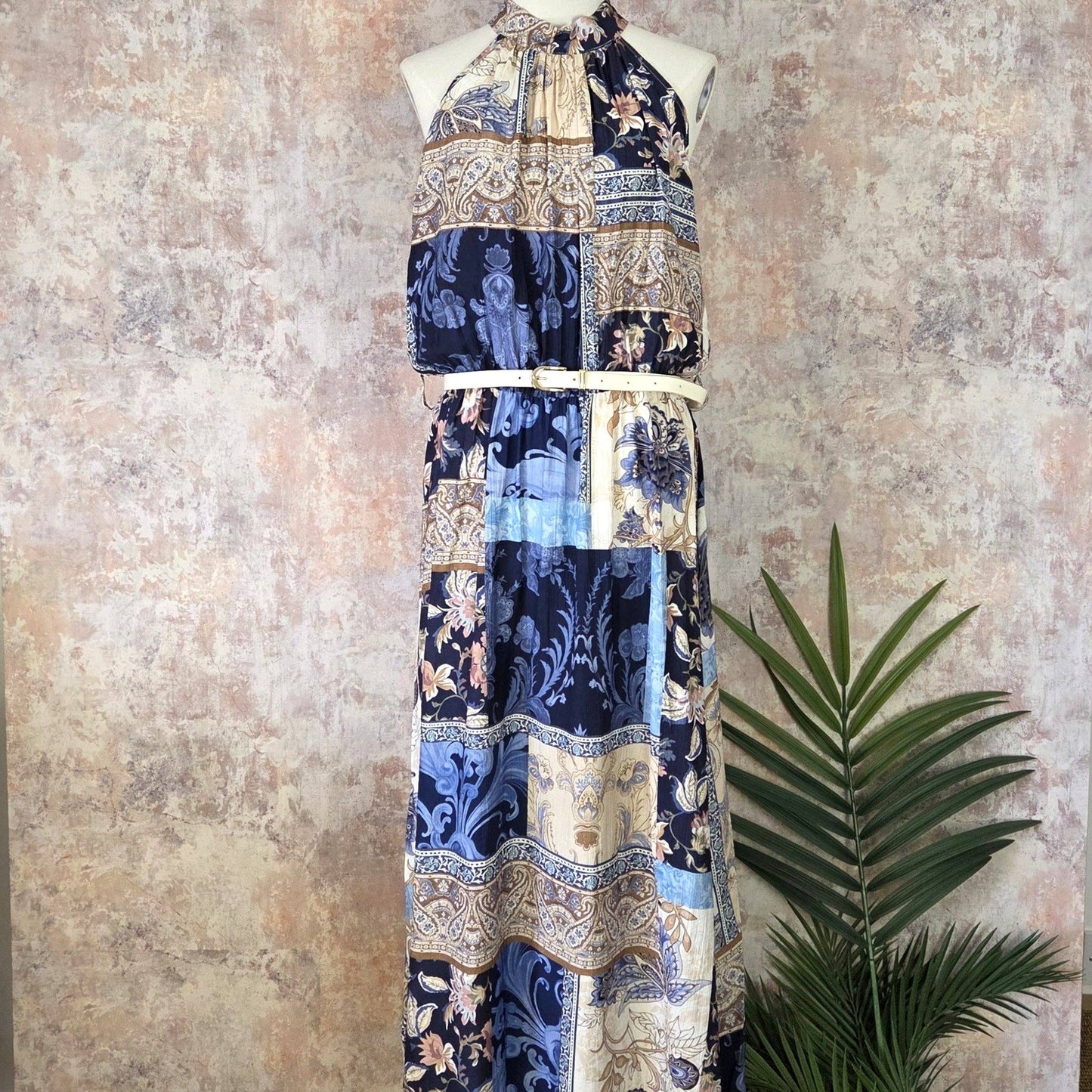 Paisley and flower print halter neck dress with cream belt and gold buckle (M)