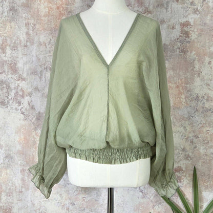 Sheer cotton V-neck and back top with tie back and elasticated sleeves (M-L)