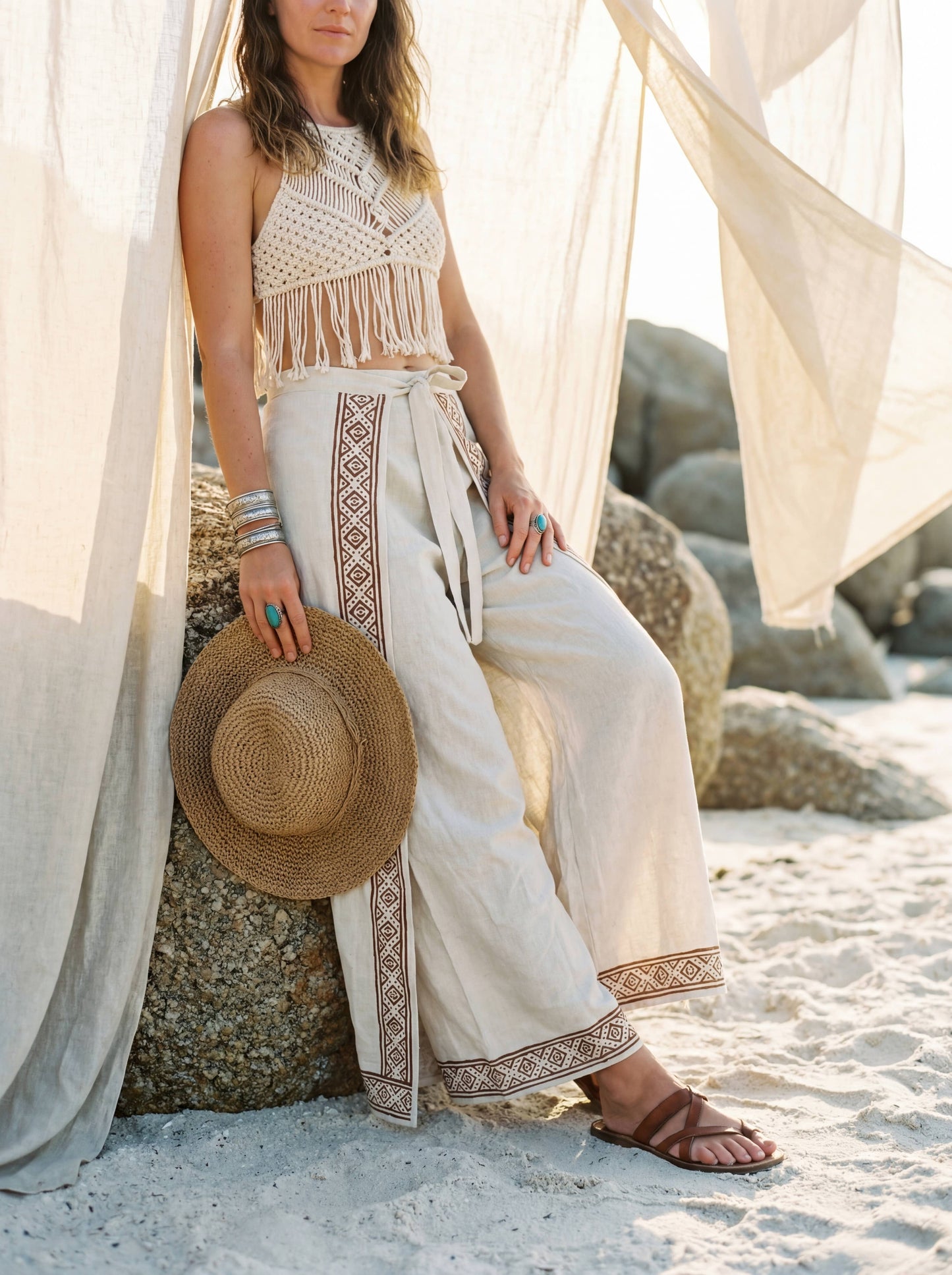 Block Print Wrap Pants | Raw Cotton Boho Trousers, Smocked