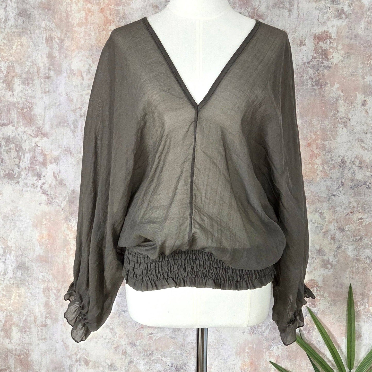 Sheer cotton V-neck and back top with tie back and elasticated sleeves (M-L)