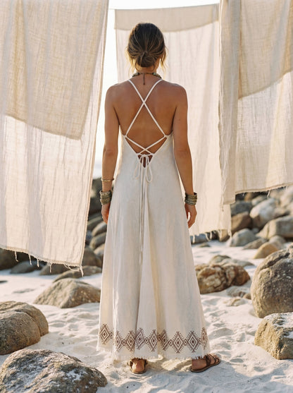 Open Back Maxi Dress – Halter Neck Bohemian Sundress Summer