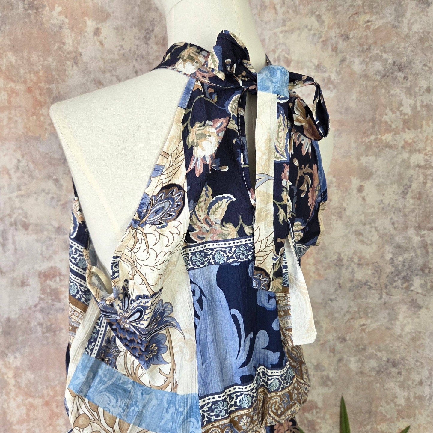 Paisley and flower print halter neck dress with cream belt and gold buckle (M)