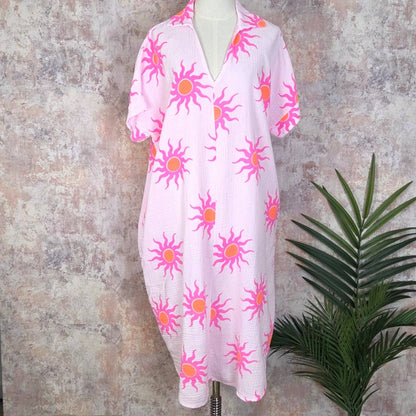 Waffle cotton fabric sun rays print free size dress with V-neck collar and pockets (M-L)