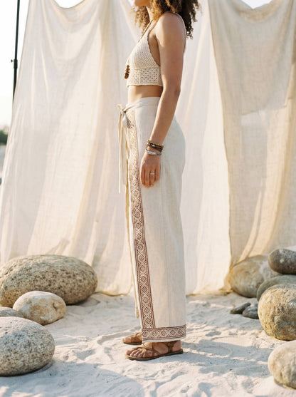 Block Print Wrap Pants | Raw Cotton Boho Trousers, Smocked
