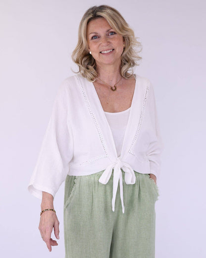 Linen and Cotton Blend Tie Front Jacket