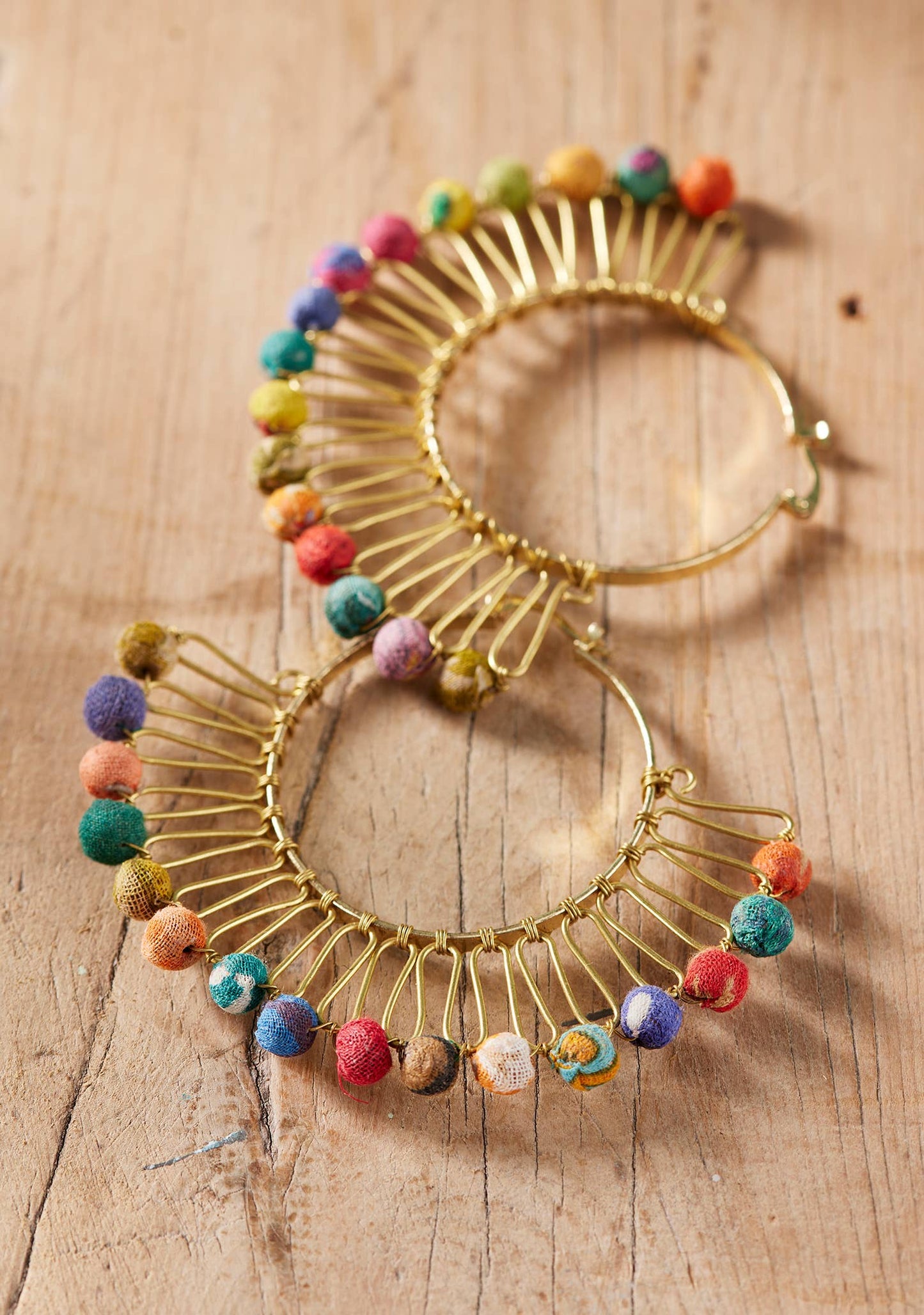 Recycled Sari Bead Fan Gold Earrings