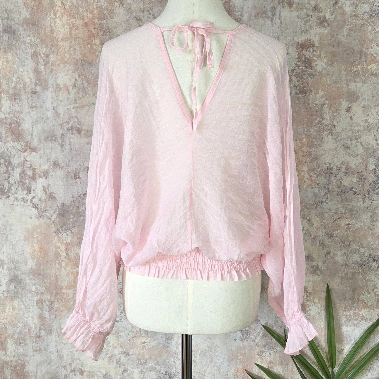 Sheer cotton V-neck and back top with tie back and elasticated sleeves (M-L)