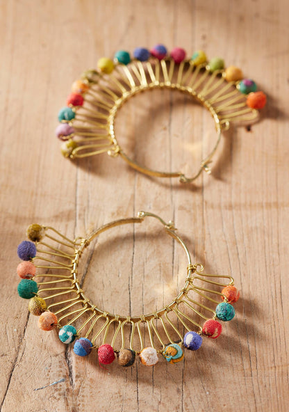 Recycled Sari Bead Fan Gold Earrings